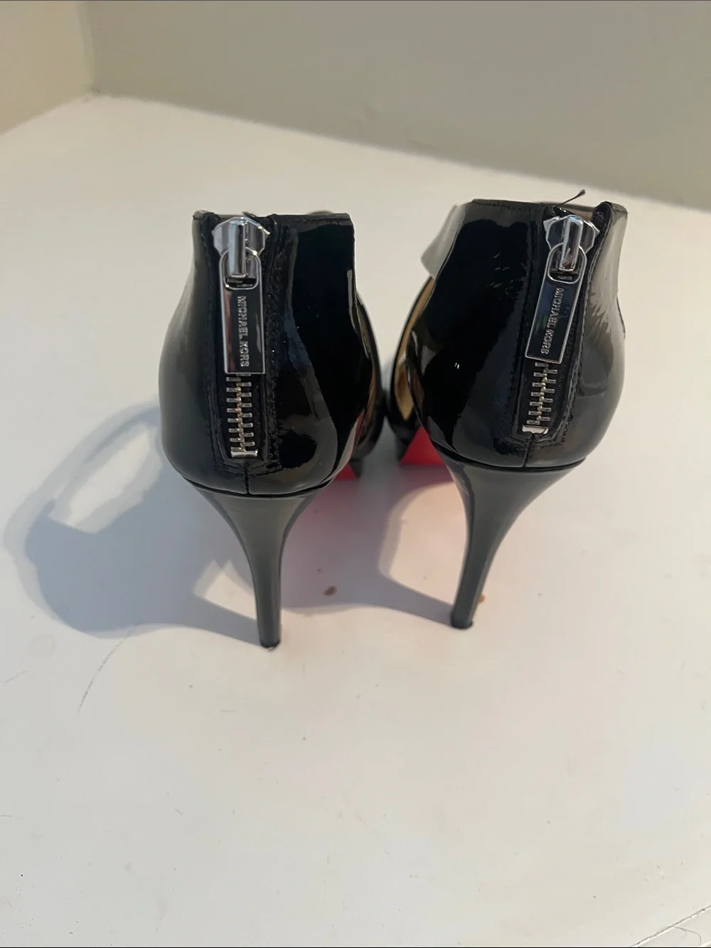 Michael Kors Black Patent Cross-Strap Peep-Toe Platform Heels w/red bottoms!